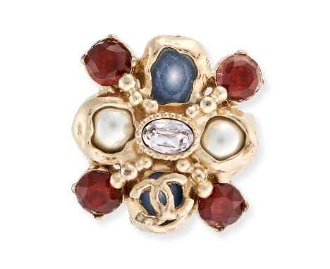 CHANEL CRYSTAL AND FAUX PEARL CC RING Gold plated ring featuring purple and orange crystals, faux pearls and an interlocking 
