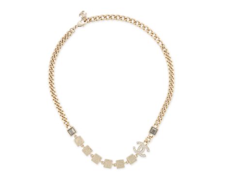 CHANEL LETTERING CC CHAIN NECKLACE Comprising individual gold plated metal squares with CHANEL lettering, an interlocking CC 