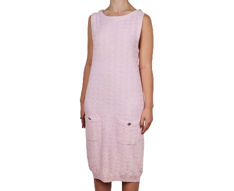 CHANEL PINK COTTON SLEEVELESS DRESS Condition grade B. Size French 36. 86cm chest, 102cm length. Pink patterned sleeveless dr