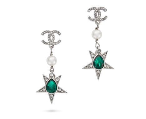 CHANEL GREEN DIAMANTE STAR CC DROP EARRINGS Comprising silver plated interlocking CC set with white diamantes, with a faux pe
