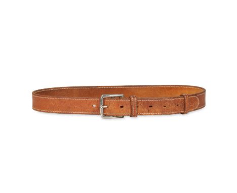NO RESERVE HERMÈS VINTAGE ETRIVIÈRE LEATHER BELT Condition grade C-. Brown leather belt with contrast white stitching, pallad