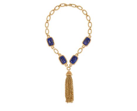 CHRISTIAN DIOR VINTAGE NECKLACE Comprising rectangular faux lapis lazuli stones set in textured gold tone metal, with a large