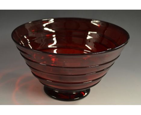 A James Powell & Sons Whitefriars ruby glass ribbed conical bowl, spreading circular foot, 20cm diam, unmarked 