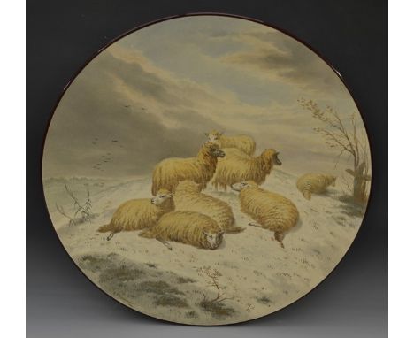 A Royal Worcester circular charger, painted by R F Perling, after Thomas Sidney Cooper, with Sheep in Winter, 41cm diam, impr