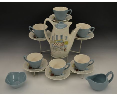 A Midwinter Stylecraft Fashion Shape Cannes pattern six-setting coffee service, from drawings by Hugh Casson, comprising coff