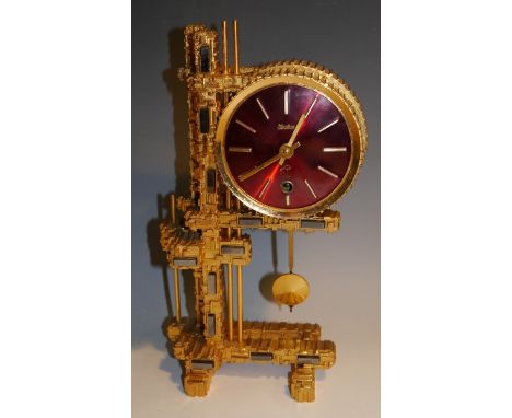 An unusual German brass modernist mantel clock, by Martime, Schmid brass eight day movement, striking on a bell, the ornate c
