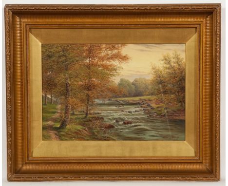 * ARTHUR KNOWLES (BRITISH 1875 - 1950), BY THE RIVER oil on board, signed 33cm x 48cm Framed and under glass Label verso: Ric