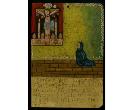 Artist: Mexican School (Ex-Voto Artist) 20th Century. Title: "Vintage Ex-Voto/Retablo: Porfiria Velis Lopez". Medium: Oil on 
