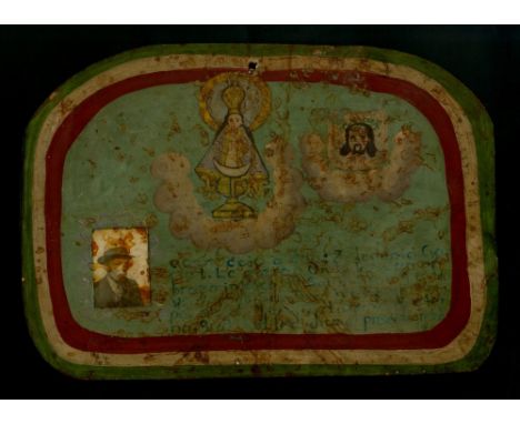 Artist: Mexican School (Ex-Voto Artist) 20th Century. Title: "Vintage Ex-Voto/Retablo: Acontecio a Don Zedonio Garcia". Mediu
