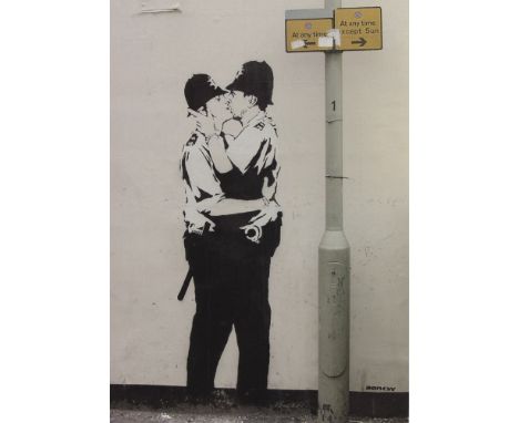 Artist: Banksy (English, b. c1973-75 | Active 1990 - Present). Title: "Kissing Coppers [announcement]". Medium: Color offset 