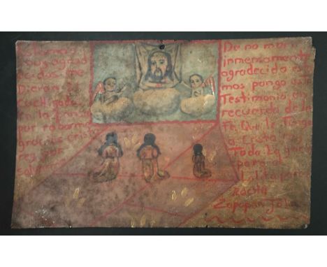 Artist: Mexican School (Ex-Voto Artist) 20th Century. Title: "Vintage Ex-Voto/Retablo: Estamos muy agradecidos". Medium: Oil 