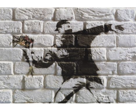 Artist: Banksy (English, b. c1973-75 | Active 1990 - Present). Title: "Flower Thrower [announcement]". Medium: Color offset l