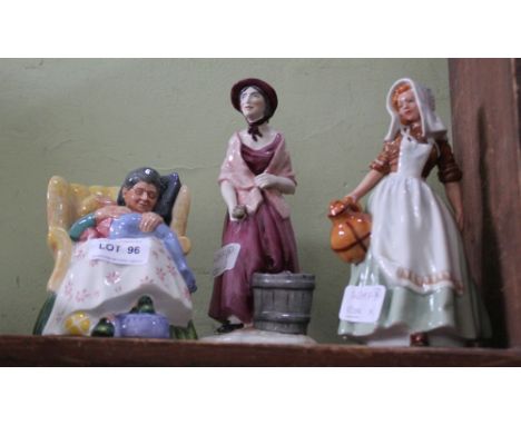 THREE CERAMIC FEMALE FIGURINES to include Royal Doulton hn2380, The Milkmaid HN2057 &amp; Welsh Crest Appleseller 