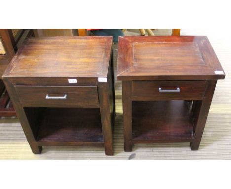 TWO MAHOGANY FINISHED IMPORTED HARDWOOD BEDSIDE UNITS / LAMP TABLES each with single drawers 