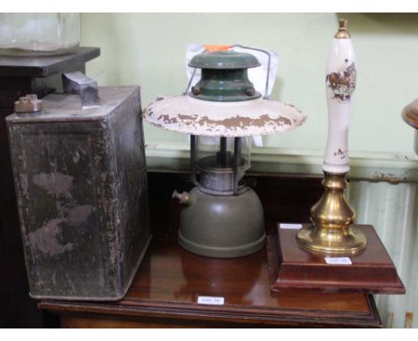 A VINTAGE TILLEY STYLE LAMP together with a fuel can, and a beer pump, transfer decorated with hunting scene 