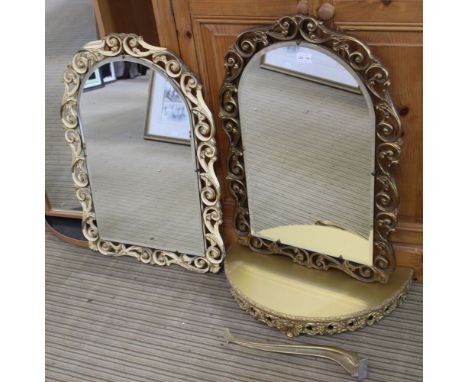 TWO FANCY FRAMED ARCH TOPPED BEVEL PLATE WALL MIRRORS, one having a console table monopedic base 