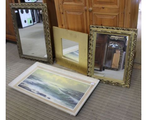 AN INDISTINCTLY SIGNED SEASCAPE together with three gilt framed wall mirrors 
