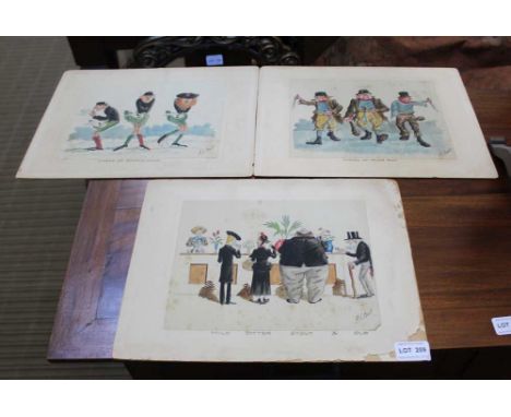 A.C. BELL, THREE HUMOROUS CARTOONS titled 'Three of Scotch Cold', 'Three of Irish Hot', and 'Mild, bitter, Stout, and Old', w