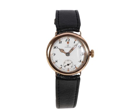 OMEGA 9CT GOLD GENTLEMAN'S WRISTWATCH the white enamel dial with black Arabic numerals and subsidiary seconds dial, with lumi