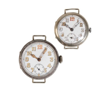 SILVER PLATED TRENCH WATCH with manual wind movement, the white enamel dial with luminous Arabic numerals and dark blue steel