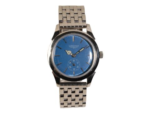 LONGINES GENTLEMAN'S STAINLESS STEEL BRACELET WATCH with manual wind movement, the blue dial with silver baton numerals and s