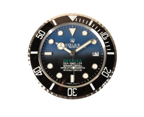 ROLEX STYLE WALL CLOCK SEADWELLER DEEP SEA with quartz movement, a dial with a sweeping minute hand, luminous baton numerals,