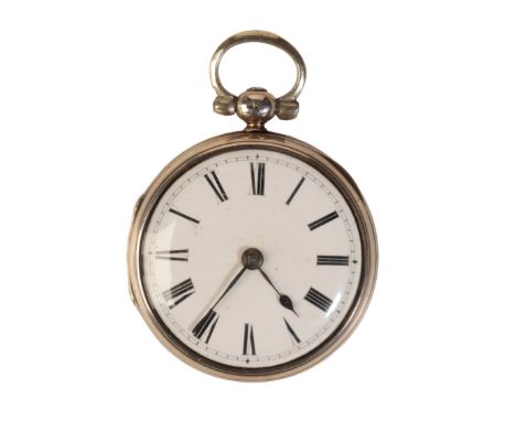 SILVER OPEN FACE GENTLEMAN'S POCKET WATCH key wind movement, white enamel dial, black Roman numerals, dark blue steel hands, 