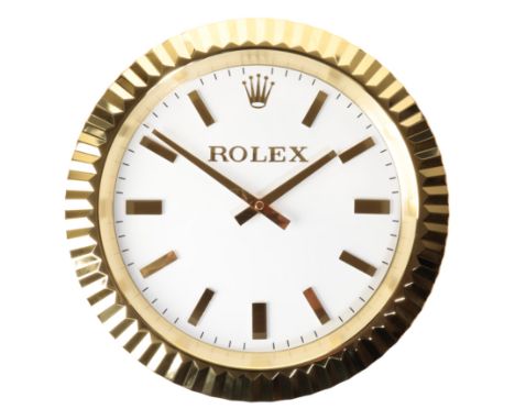 ROLEX STYLE WALL CLOCK with gold Oyster, quartz movement, white dial with gold baton numerals and gold hands, a fluted bezel,