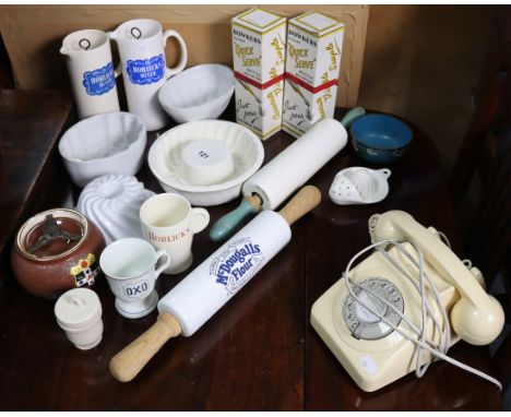 Two Bowker’s “quick serve” bottle measures, boxed; four ceramic jelly moulds; two rolling pins; &amp; sundry other items. 