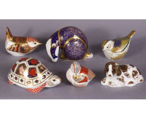 Six Royal Crown Derby porcelain paperweights: Imari Badger; Imari Tortoise; Wren; Firecrest; Teal Duckling; &amp; Scruff; the