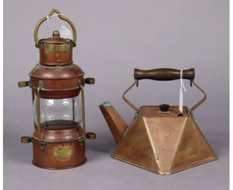 A copper kettle in the Christopher Dresser style, 7¾”, &amp; a Davey “Anchor” ship’s lamp (lacking base), 10½” high.