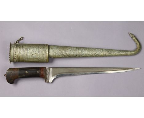 A 19th century Khyber knife, the straight single-edge watered blade with ribbed back, the handle inlaid with bone scales, & w