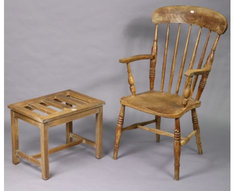 A beech luggage stand on square legs with plain stretchers, 21” wide x 16¾” high, &amp; a comb-back elbow chair with a hard s