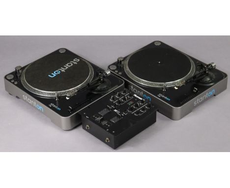 A pair of Stanton T.52 LP record players, &amp; a Numark M101 mixer (one record player with slight faults – needle catch brok