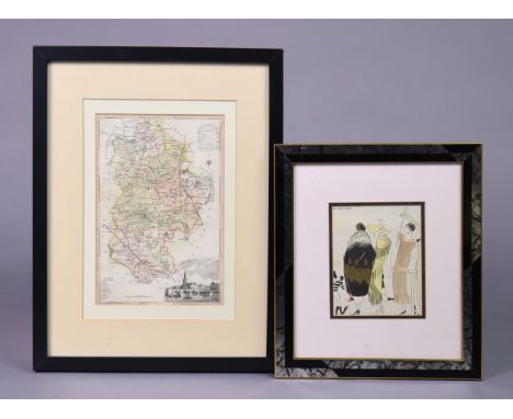 A 19th century hand-coloured map of “Bedfordshire”, 9¾” x 6½”; &amp; a 1920’s French coloured fashion print, 5½” x 4½”, each 