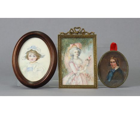 Three various 19th century &amp; later portrait miniatures: A lady in pink dress, half-length holding roses, signed “J. Lague