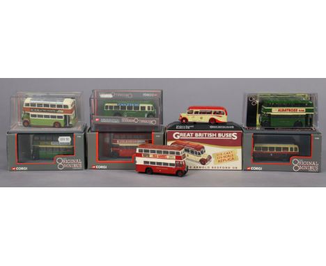 Six Corgi “Original Omnibus” die-cast scale models, and two other model buses (boxed &amp; unboxed).