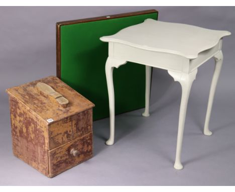 A wooden sloping-front shoeshine box with a hinged lift-lid and fitted drawer below, 13¾” wide x 17” high, together with a li