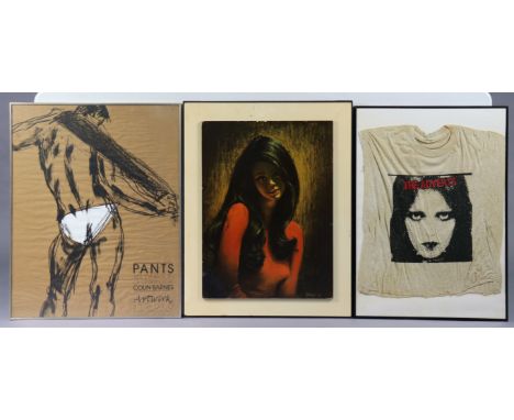 A vintage reproduction print of a 60s glamour model on wooden mount, 28¾”x22¼”, four abstract oil on canvas studies, an exhib