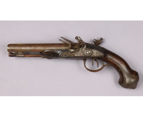 A MID/LATE 18th century FRENCH DOUBLE-BARRELLED FLINTLOCK PISTOL, the stepped locks with swan-neck cocks with engraved scroll