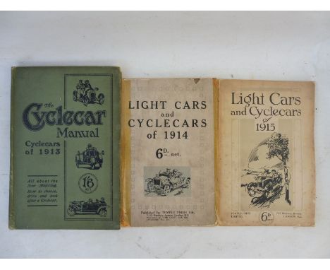 A Cycle Car Manual for Cycle Cars of 1913 and two booklets titled: Light Cars and Cycle Cars of 1914 and 1915.