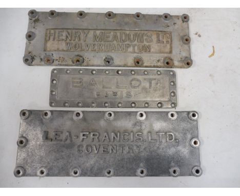 Three cast aluminium engine side plates to suit Lea Francis, Ballot and Meadows.