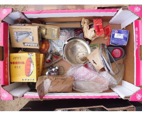 A good box of lamp parts including two boxed Siram fog warning lamps.