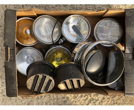 A box of assorted spotlamps, lamp parts etc.