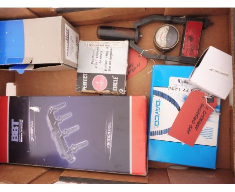 A selection of various parts to include a timing belt for a Vauxhall, piston ring set for a 2CV, a battery tester etc.