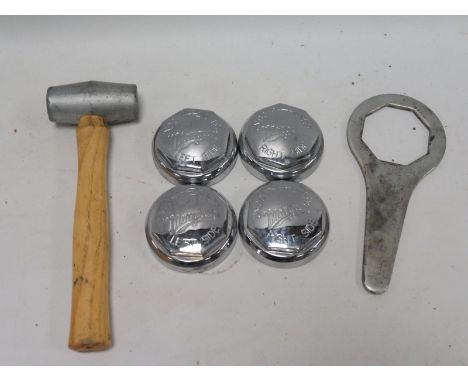 A set of four Morgan chrome plated hub nuts with hub spanner and mallet.