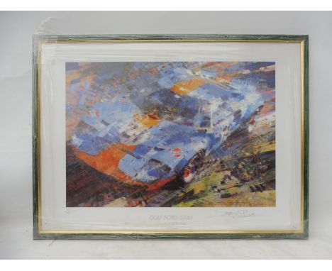 DEXTER BROWN - a framed and glazed print depicting the legendary Gulf GT40 (chassis GT40P), no. 10/200, signed to the margin 