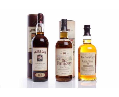 ABERLOUR 100 PROOF Speyside Single Malt Scotch Whisky. 1L, 57.1% volume, in tube. BALVENIE DOUBLEWOOD AGED 12 YEARS Single Ma