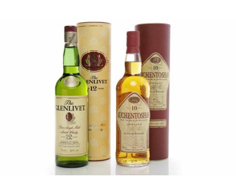 AUCHENTOSHAN AGED 10 YEARS Lowland Single Malt Scotch Whisky. 70cl, 40% volume, in tube. GLENLIVET AGED 12 YEARS Single Malt 