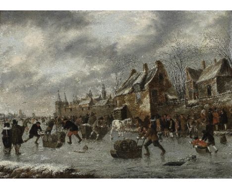 Thomas Heeremans (Haarlem 1640-1697)A winter scene with figures skating outside the town walls signed with monogram and dated
